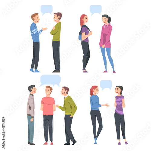People Talking to Each Other with Speech Bubbles Set, Friends or Colleagues Talking, Gossiping, Sharing Impressions Cartoon Style Vector Illustration
