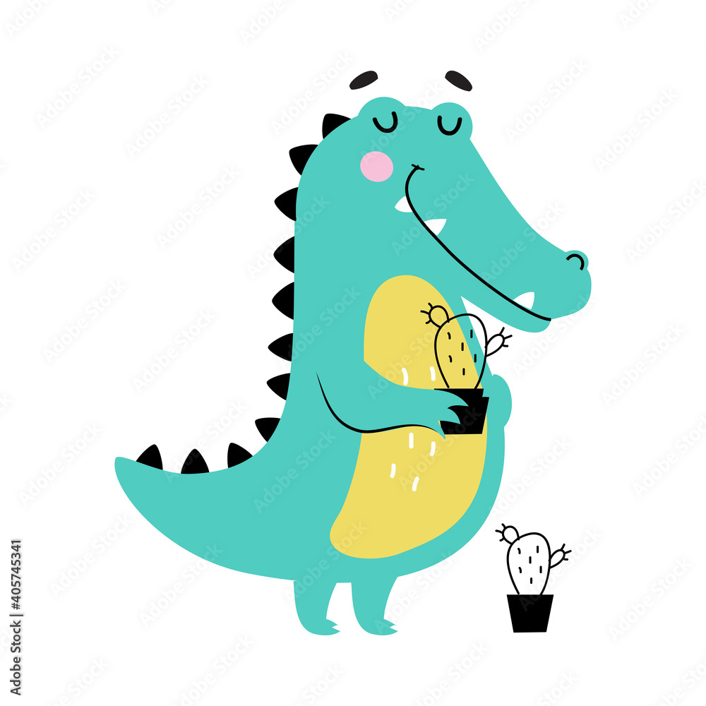 Naklejka premium Cute Crocodile Holding Cactus in Flower Pot, Funny Alligator Predator Animal Character Cartoon Style Vector Illustration
