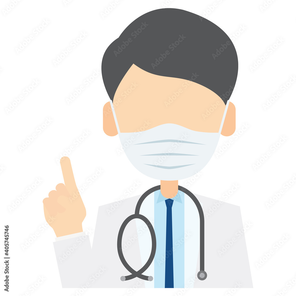 マスクをして指差しアドバイスをする医者 A doctor with a mask pointing a finger giving an advice