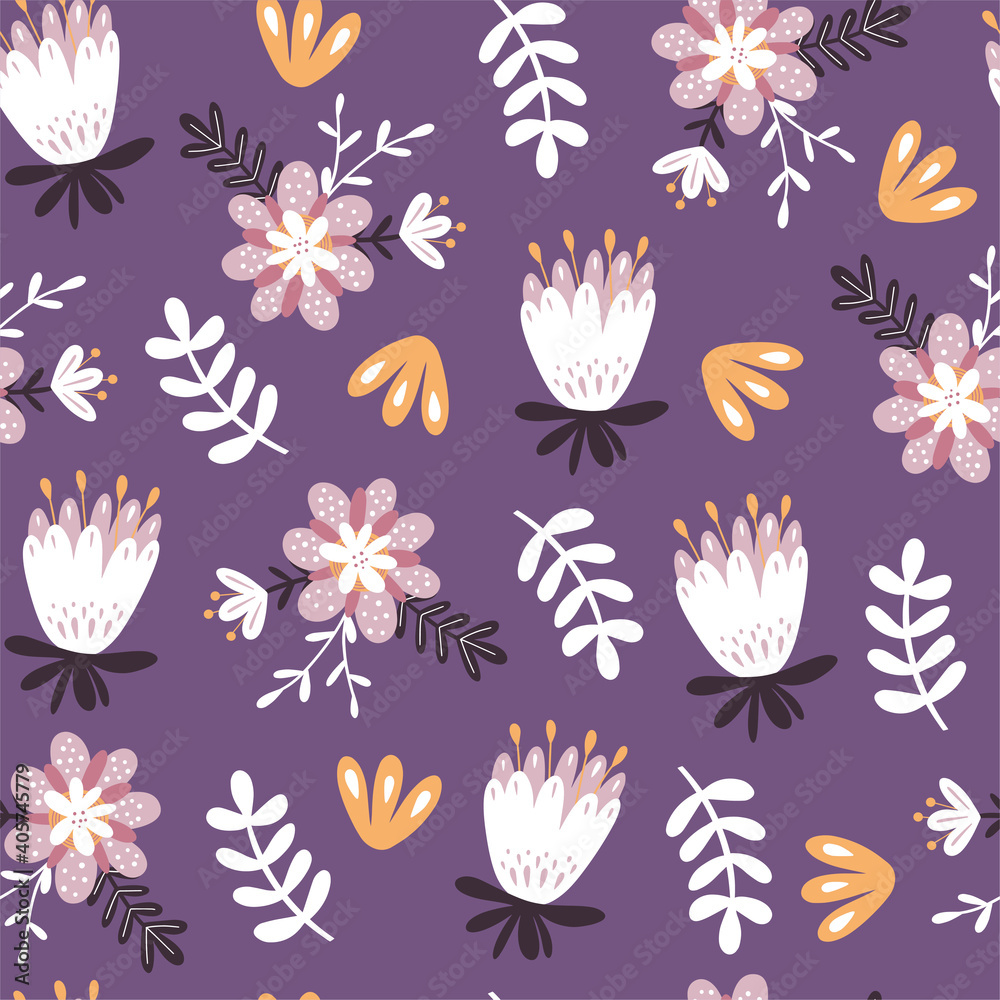 Floral seamless pattern with flowers, hand drawn elements. Vector illustration.
