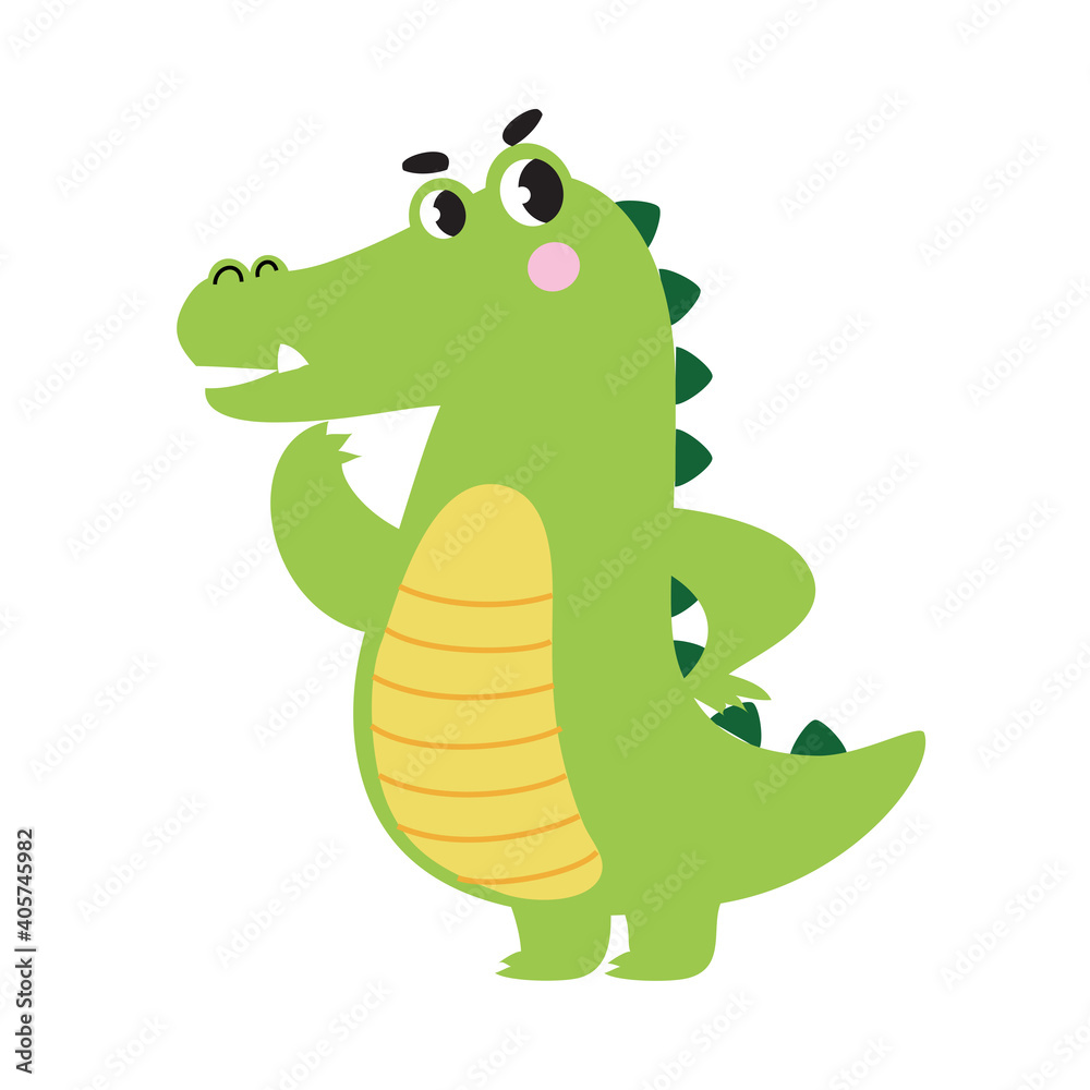 Fototapeta premium Cute Pensive Crocodile, Funny Alligator Predator Green Animal Character Cartoon Style Vector Illustration