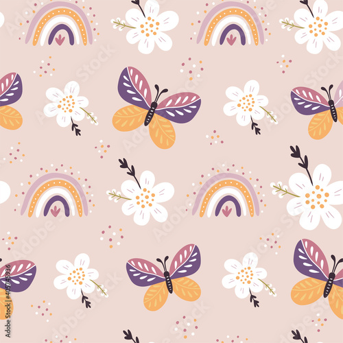 Seamless pattern with butterflies, rainbows and flowers. Blooming flowers, fl...
