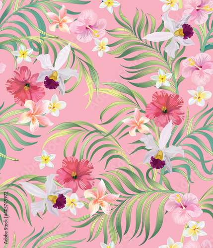 Tropical vector seamless background. Jungle pattern with exitic flowers, and palm leaves. Stock vector. Jungle vector vintage wallpaper