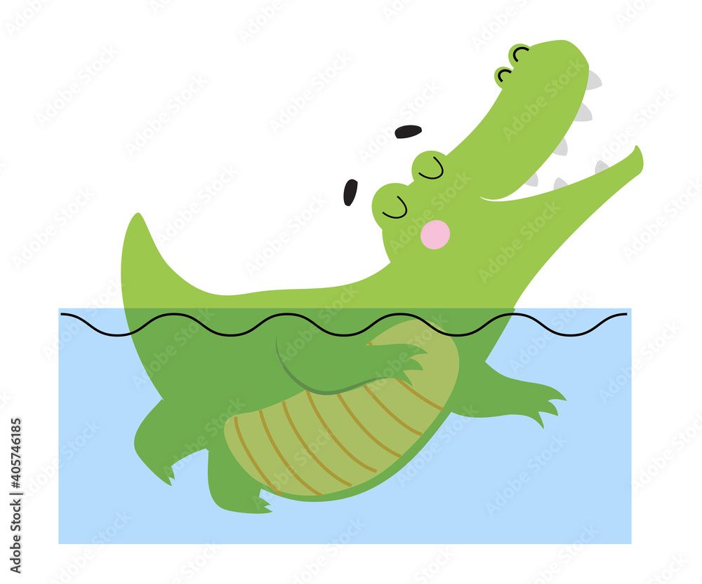 Obraz premium Cute Happy Crocodile Swimming in Water, Funny Alligator Predator Green Animal Character Cartoon Style Vector Illustration