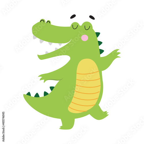 Cute Happy Smiling Crocodile, Funny Alligator Predator Green Animal Character Cartoon Style Vector Illustration