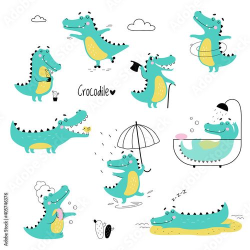 Fototapeta Naklejka Na Ścianę i Meble -  Cute Crocodiles in Different Situations Set, Funny Alligator Predator Animal Character Cartoon Style Vector Illustration