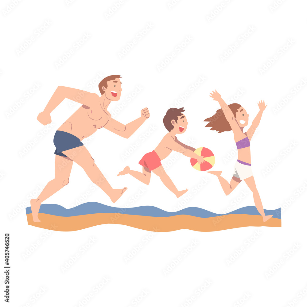 Dad Having Fun with his Kids on the Beach, Happy Father, His Son and Daughter Spending Time Together Cartoon Style Vector Illustration
