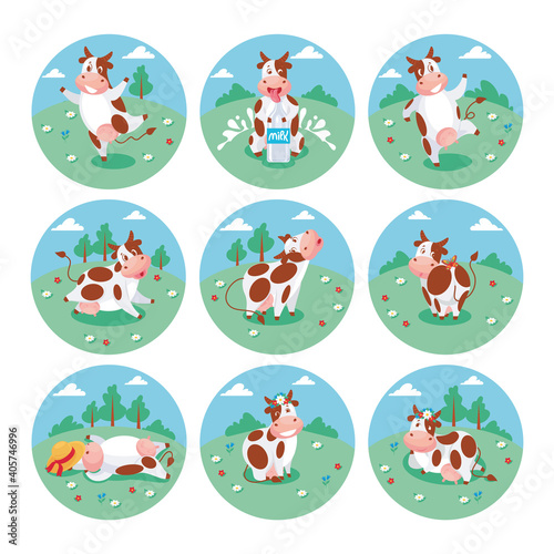 Set of cute funny cows in different poses doing variouse activities on the background of field. Vector illustration, character design, sticker, emblem, label