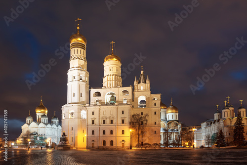 View of the architectural ensemble of the Kremlin from the Senate Square at night. Moscow, Russia