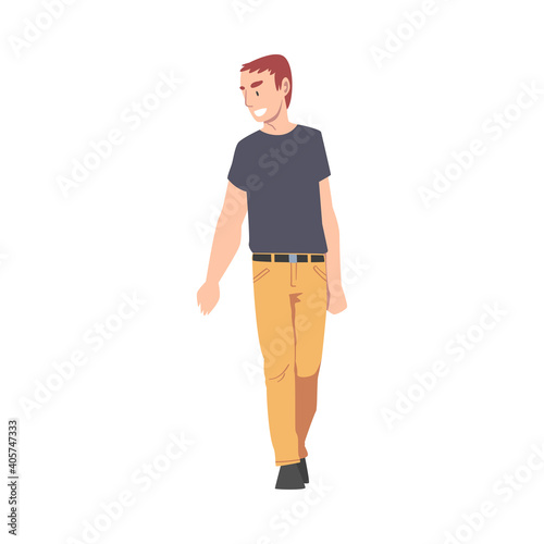 Smiling Walking Man Wearing Casual Clothes Cartoon Style Vector Illustration © topvectors