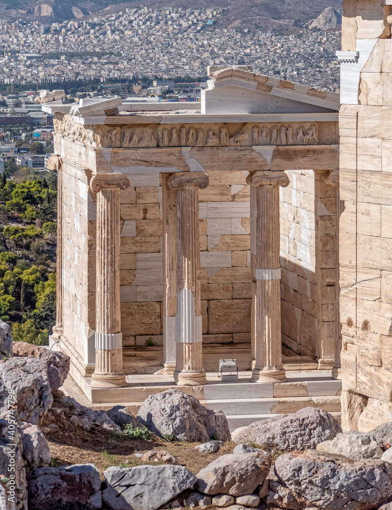 Twisted Where Polar bear Athena Nike (victorious) ancient temple and Athens city view from acropolis  hill, Greece Stock Photo | Adobe Stock
