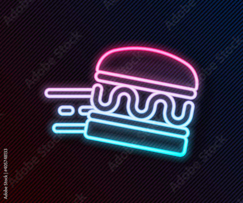 Glowing neon line Online ordering and burger delivery icon isolated on black background. Vector.