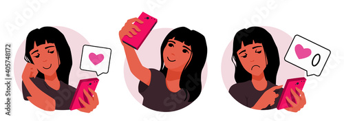 A teenage girl takes a selfie with her smartphone. A woman gets zero likes, frustrated. An influencer waits a like from a mobile app. Social media addiction. A vector cartoon illustration.