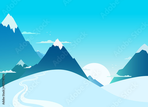 Snow mountains landscape scene. Mountain range. Snowcapped mountain ridge panorama. Winter background. A vector cartoon illustration.
