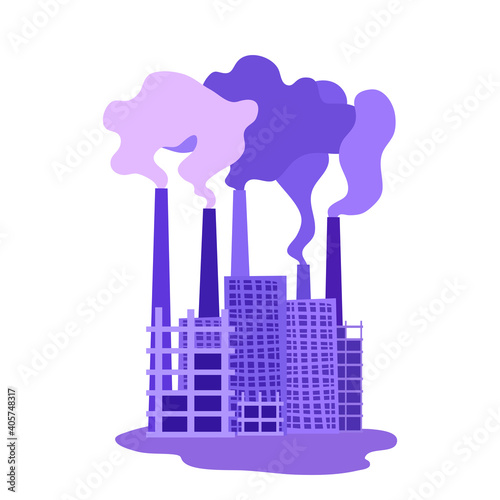 A cityscape with buildings and smokestacks. Air pollution ecological problem of a modern city. Urban skyline silhouette with smoke stacks. A vector cartoon monochrome illustration.