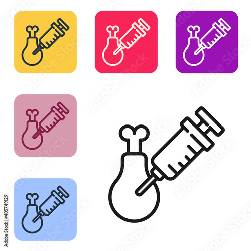 Black line Gmo research chicken icon isolated on white background. Syringe being injected to chicken. Set icons in color square buttons. Vector.