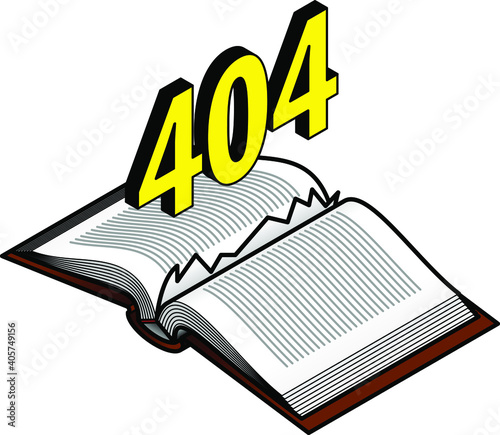 An open book with a missing/torn-out page - 404 error page not found.