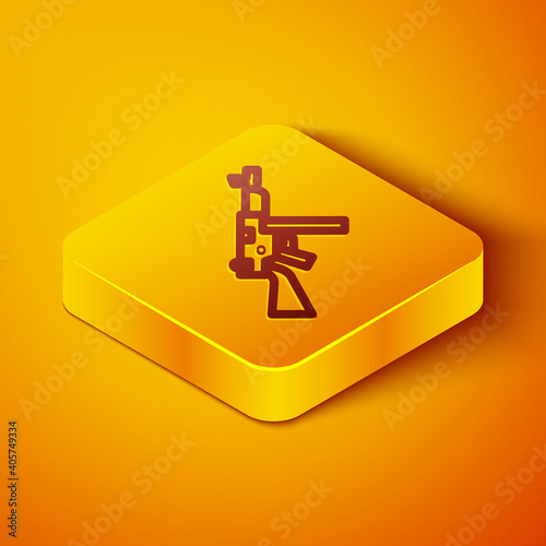 Isometric line Thompson tommy submachine gun icon isolated on orange background. American submachine gun. Yellow square button. Vector.