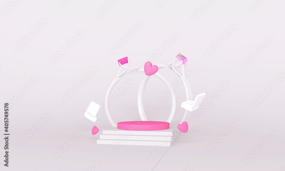 3D rendering, the pink stage with love and ring 