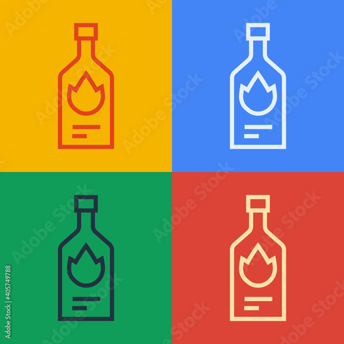 Pop art line Tabasco sauce icon isolated on color background. Chili cayenne spicy pepper sauce. Vector.