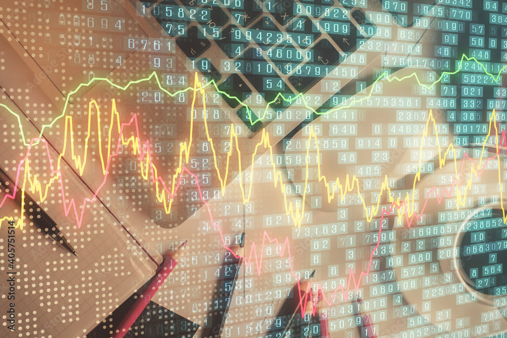 Double exposure of financial chart drawing over table background with computer. Concept of research and analysis. Top view. Double exposure of financial chart drawing over table background with computer. Concept of research and analysis. Top view.