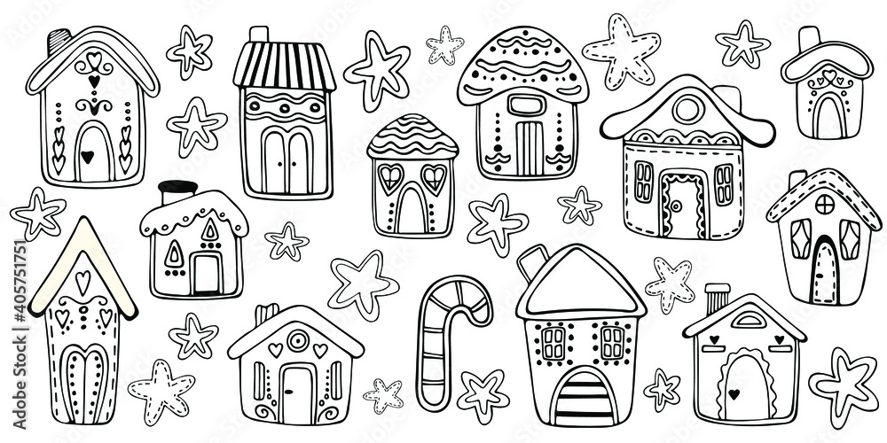 Set of Christmas cute gingerbread houses and stars. Vector illustration isolated on white.