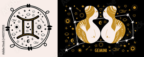 Gemini. Zodiac sign. Two girls are twins. Constellation of Gemini. Vector illustration in a flat style.