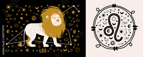Sign of the zodiac Leo. Constellation of Leo. Vector illustration in flat style.