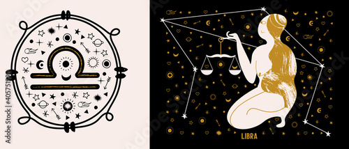 Libra. A nude woman is holding a scales. Vector illustration.