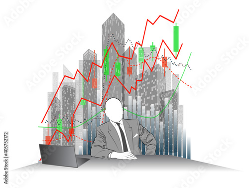 The image of a man in a business suit at a desk against a background of skyscrapers and financial graphs