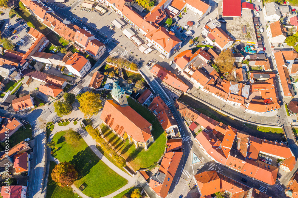 Town of Samobor in Croatia, cathedral tower bell from drone, overhead view