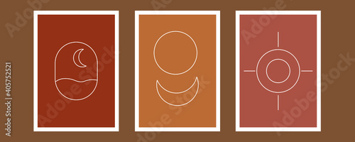 Vector set of linear boho icons and symbols - sun logo design templates - abstract design elements for decoration in modern minimalist style
