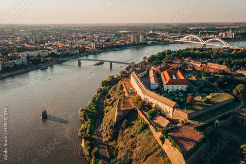 Aerial view of Petrovaradin Novi Sad fortress from the Austria Turkish times in Serbia former Yugoslavia along the Danube river photo