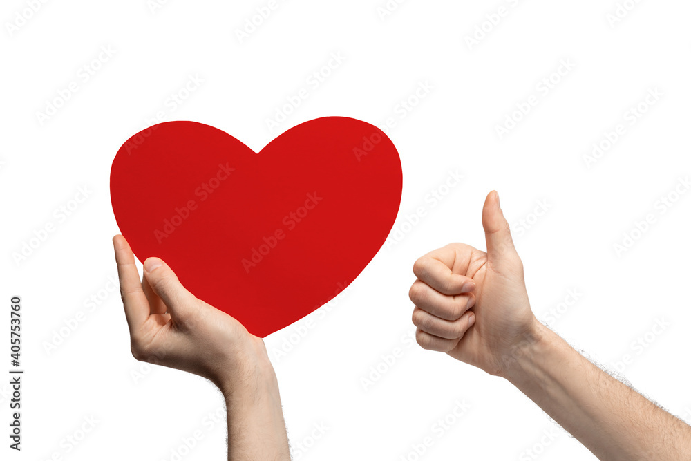 Red heart made of cardboard in his hand, Like Red heart made of cardboard in his hand, Like