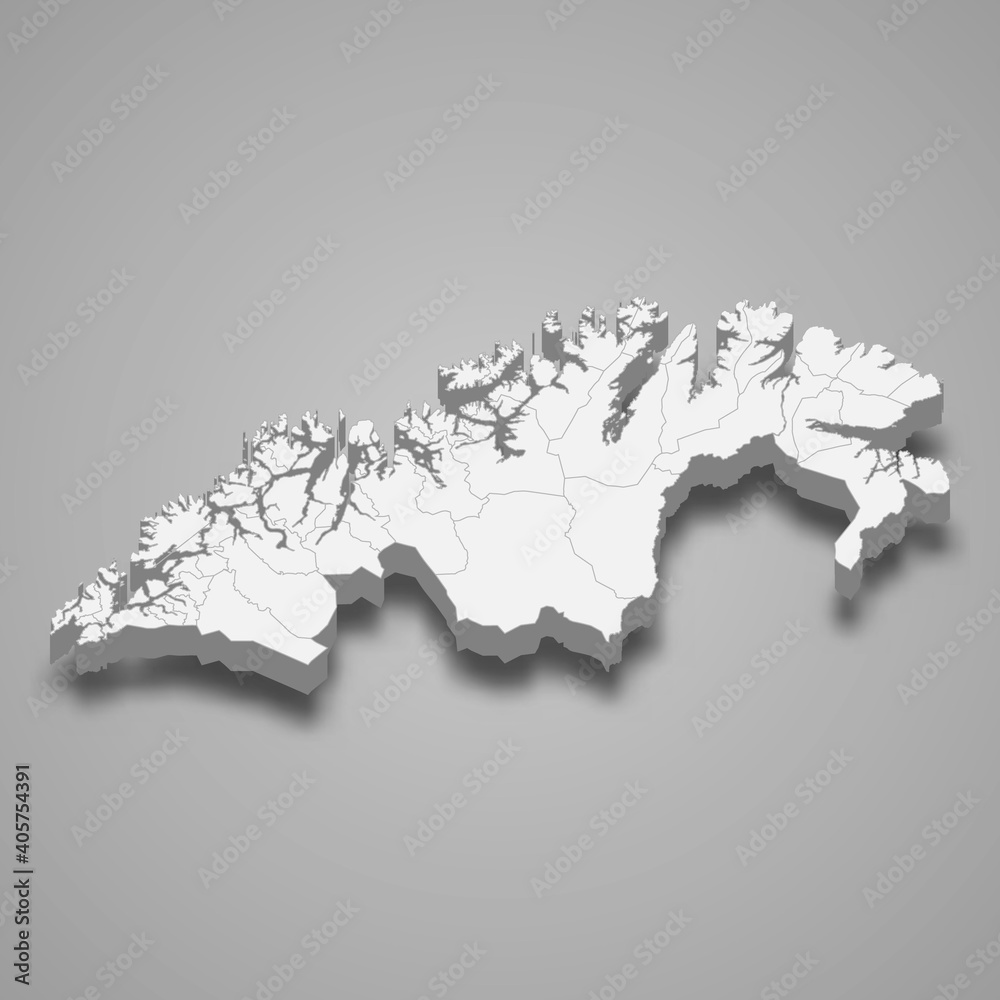 3d isometric map of Troms og Finnmark is a county of Norway, vector illustration