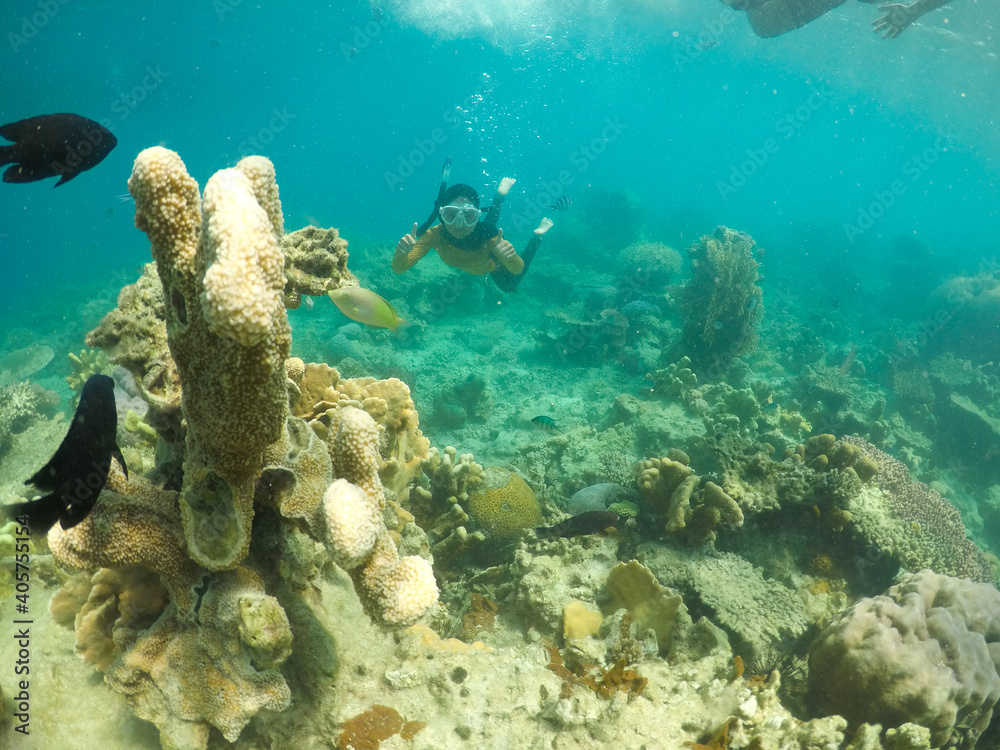 Naklejka premium woman snorkeling with fish. Underwater moment