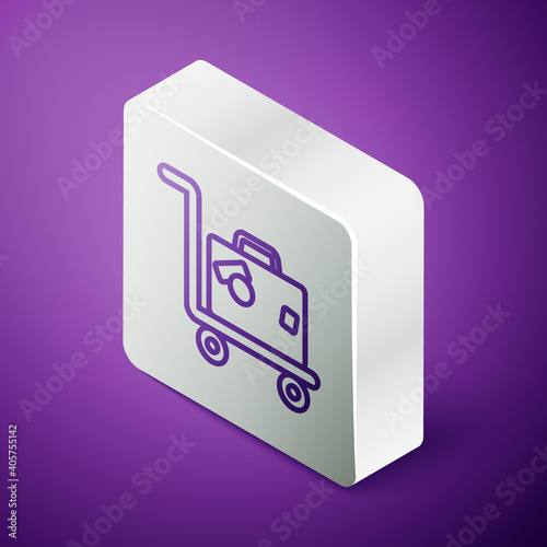 Isometric line Hotel luggage cart with suitcase icon isolated on purple background. Traveling baggage sign. Travel luggage icon. Silver square button. Vector.