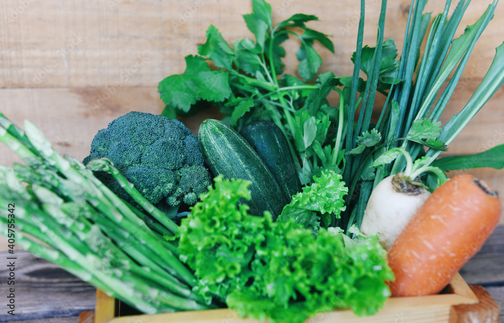 Fresh vegetable from market on wooden table, Delivery healthy food in box grocery shopping concept. Fresh vegetable from market on wooden table, Delivery healthy food in box grocery shopping concept.