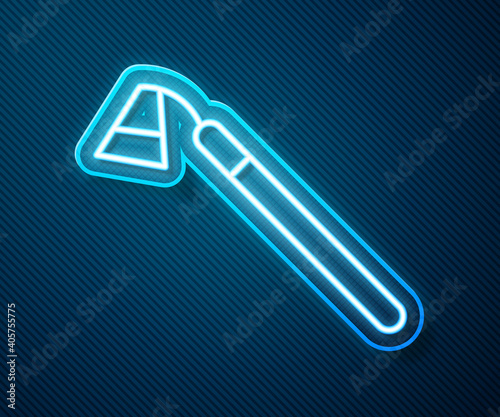 Glowing neon line Garden hoe icon isolated on blue background. Tool for horticulture, agriculture, farming. Vector.