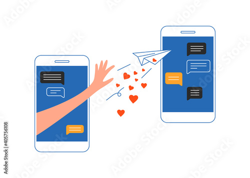 Human hand sending virtual paper airplane message with love. Online relationship. Happy Valentine day congratulation by smartphone. Chatting in social media. Mobile phone dating. Vector illustration