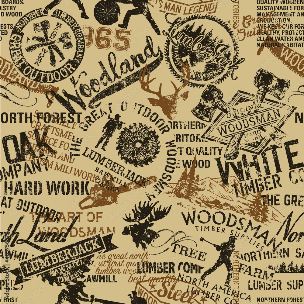 Lumberjack woodsman badge symbols and silhouettes collage grunge vector seamless pattern Lumberjack woodsman badge symbols and silhouettes collage grunge vector seamless pattern