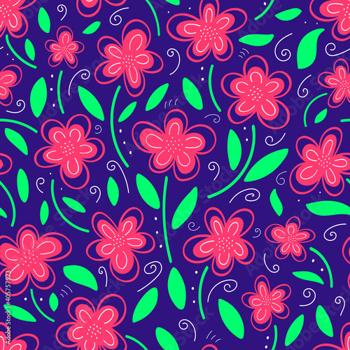  Seamless pattern with pink flowers on a blue background. Pink wildflowers. Vector illustration in doodle style