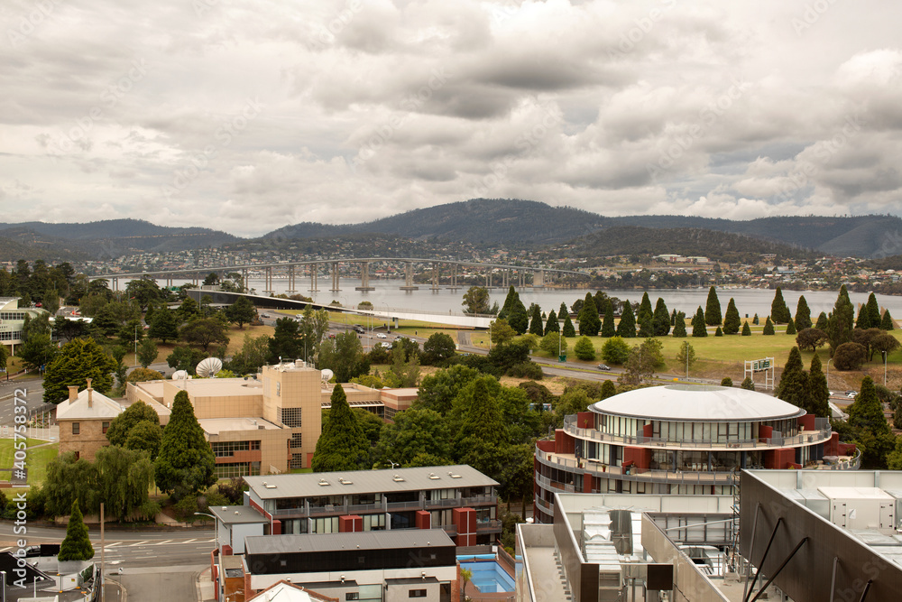 Elevated view of city buildings of Hobart, capital city of Tasmania, looking towards the Derwent River