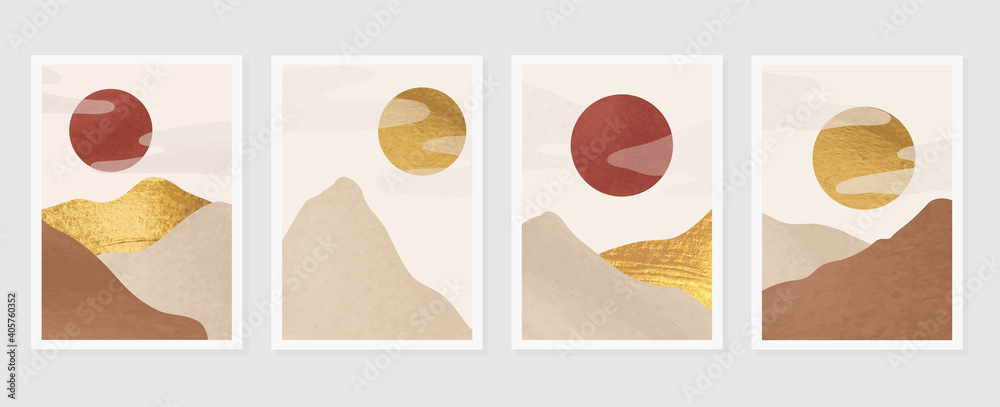 Mountain and gold landscape wall arts vector. Japanese oriental style abstract arts with gold texture design for wall framed prints, canvas prints, poster, home decor, cover, luxury wallpaper. 