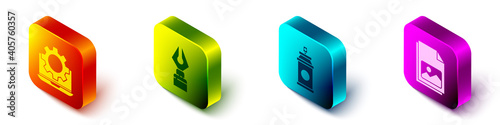 Set Isometric Laptop and gear, Fountain pen nib, Paint spray can and Picture landscape icon. Vector.