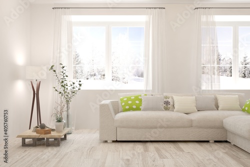 White living room with sofa and winter landscape in window. Scandinavian interior design. 3D illustration