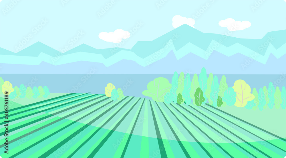 Obraz premium Cute landscape with views of the lake, vineyard and mountains. Vector illustration in flat style. For wine labels, posters, postcards, design and decor.