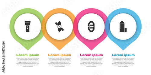Set Flashlight, Kayak or canoe, Rafting boat and Thermos container. Business infographic template. Vector.