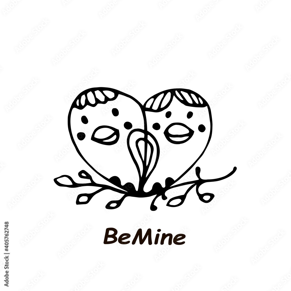 Promotional poster bird couple sitting together on branch. Be mine. Black and white vector cartoon.