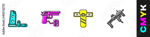 Set Gun magazine and bullets, Buying gun pistol, Knife holster and MP9I submachine icon. Vector.